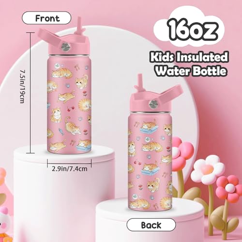ROVOZAR Cat Water Bottle for Girls - 16oz Cat Stainless Steel Water Bottle with Straw - Cute Cats Insulated Cup - Pink Cats Kids Tumbler for School, Sports, Travel - Image 3