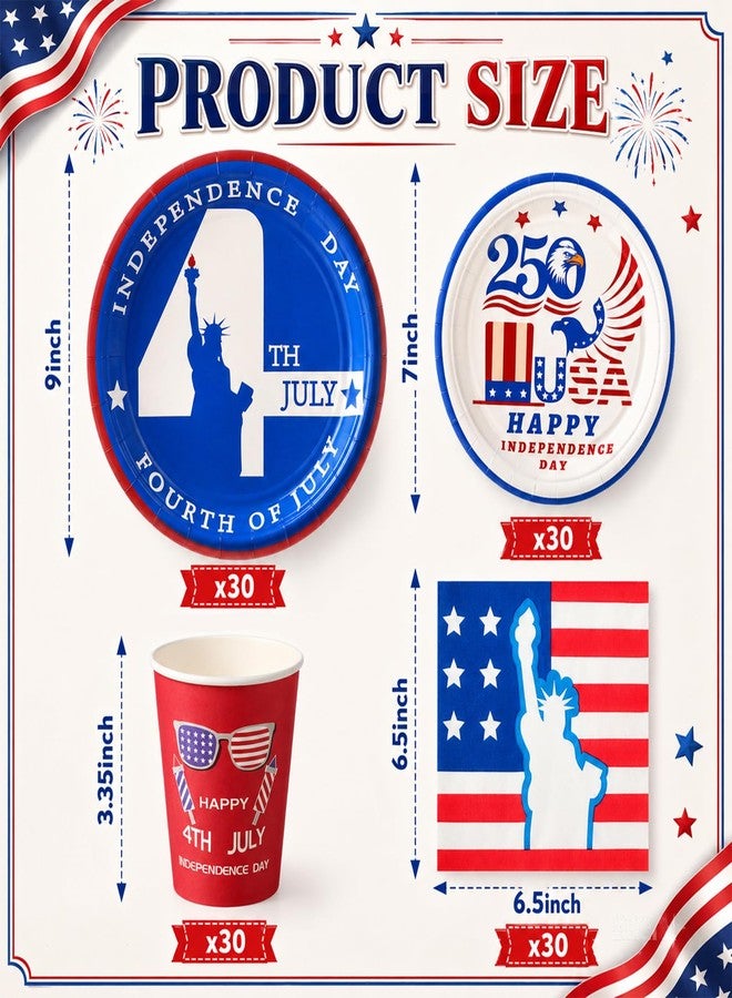 Domensi 120 Pcs 4th of July Decorations 250th Anniversary Patriotic Party Supplies American Flag Tableware Set Plates Napkins Cups Red White Blue Decor for Independence Memorial Day Serve 30 (Classic) - Image 2