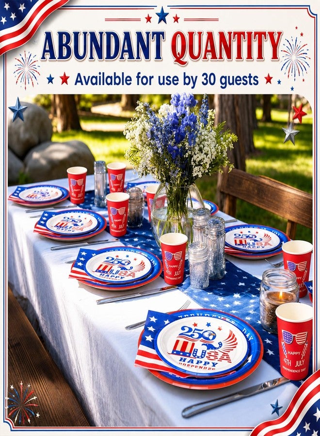 Domensi 120 Pcs 4th of July Decorations 250th Anniversary Patriotic Party Supplies American Flag Tableware Set Plates Napkins Cups Red White Blue Decor for Independence Memorial Day Serve 30 (Classic) - Image 5