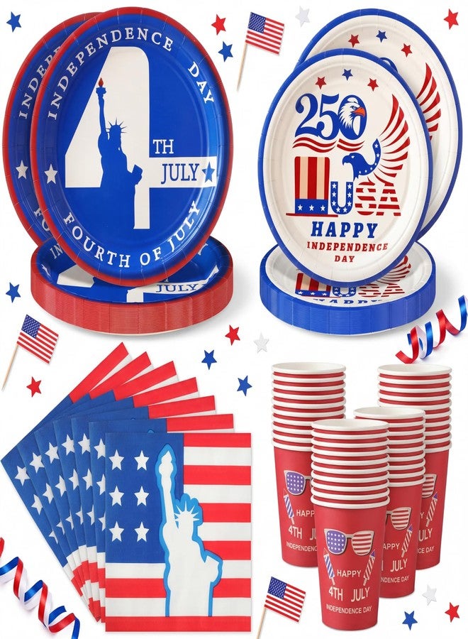 Domensi 120 Pcs 4th of July Decorations 250th Anniversary Patriotic Party Supplies American Flag Tableware Set Plates Napkins Cups Red White Blue Decor for Independence Memorial Day Serve 30 (Classic) - Image 1