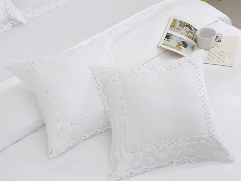 Meaning4 100% Cotton White Lace Euro Pillow Cases Pair 40x40cm - Image 1