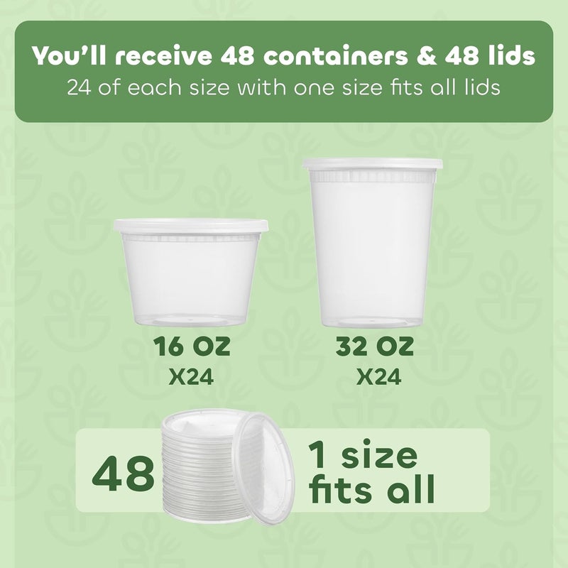 JoyServe 48 Count Takeout Deli Food Containers with Lids - Airtight Food Storage and Meal Prep Containers 24 Each 32 Oz Quarts & 16 oz Pints Size, BPA-Free, Dishwasher, Microwave Safe - Image 2