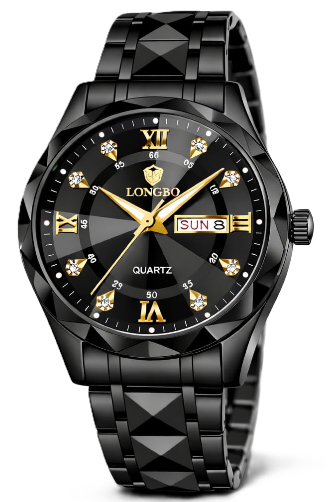 LONGBO Zenith Diamond Analog Watch for Men Business Stainless Steel Watches Luxury Men’s Wristwatch | Birthday Gift for Men | Gift for Husband | Gift for Brother (Black-Black) - Image 1