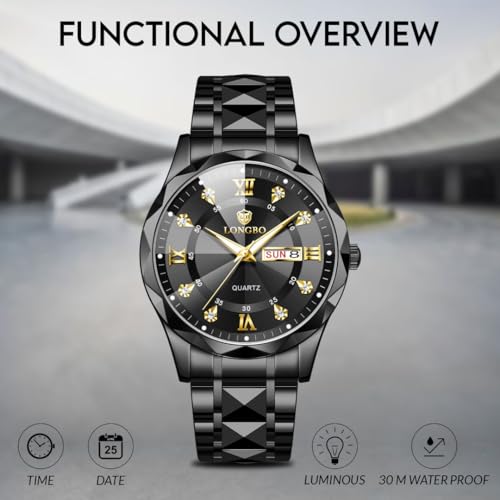 LONGBO Zenith Diamond Analog Watch for Men Business Stainless Steel Watches Luxury Men’s Wristwatch | Birthday Gift for Men | Gift for Husband | Gift for Brother (Black-Black) - Image 3