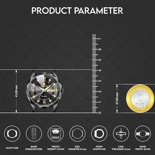 LONGBO Zenith Diamond Analog Watch for Men Business Stainless Steel Watches Luxury Men’s Wristwatch | Birthday Gift for Men | Gift for Husband | Gift for Brother (Black-Black) - Image 4