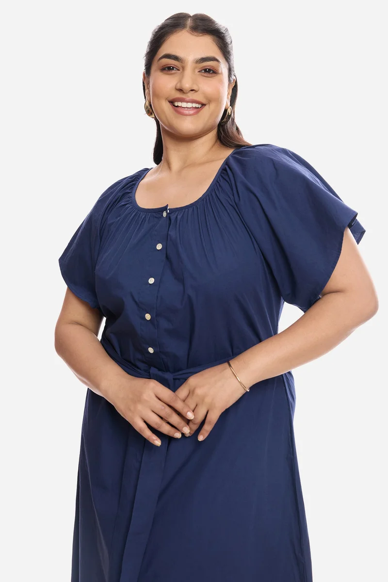 فيرجيو Solid Cotton Midi Plus Size Dress With Extended Sleeves for Women