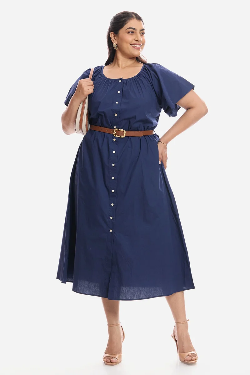 فيرجيو Solid Cotton Midi Plus Size Dress With Extended Sleeves for Women