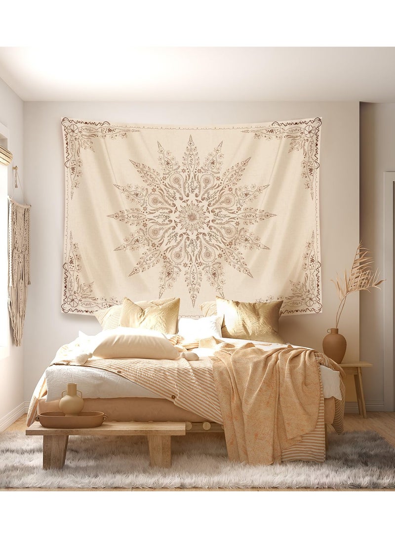 Floral Bohemian Tapestry-Flower Aesthetic Tapestry- Wall Hanging Boho Tapestries-Small Mandala Room Decor-Tapestry for Bedroom Living Room Dorm(Flaxen, 51.20" x 59.10") - Image 2