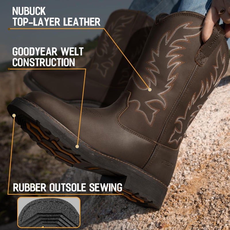 Hunthor Men's Cowboy Work Boots, Square Steel Toe EVA Mid-Sole with GoodyearWelt Leather Anti Slip Western Boots for Manufacturing, Construction, Farming ï¼ˆDark Brown, Size 7ï¼‰ - Image 4