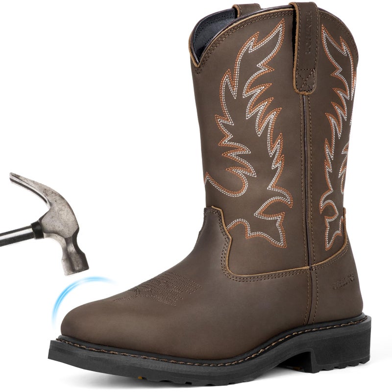 Hunthor Men's Cowboy Work Boots, Square Steel Toe EVA Mid-Sole with GoodyearWelt Leather Anti Slip Western Boots for Manufacturing, Construction, Farming ï¼ˆDark Brown, Size 7ï¼‰ - Image 1