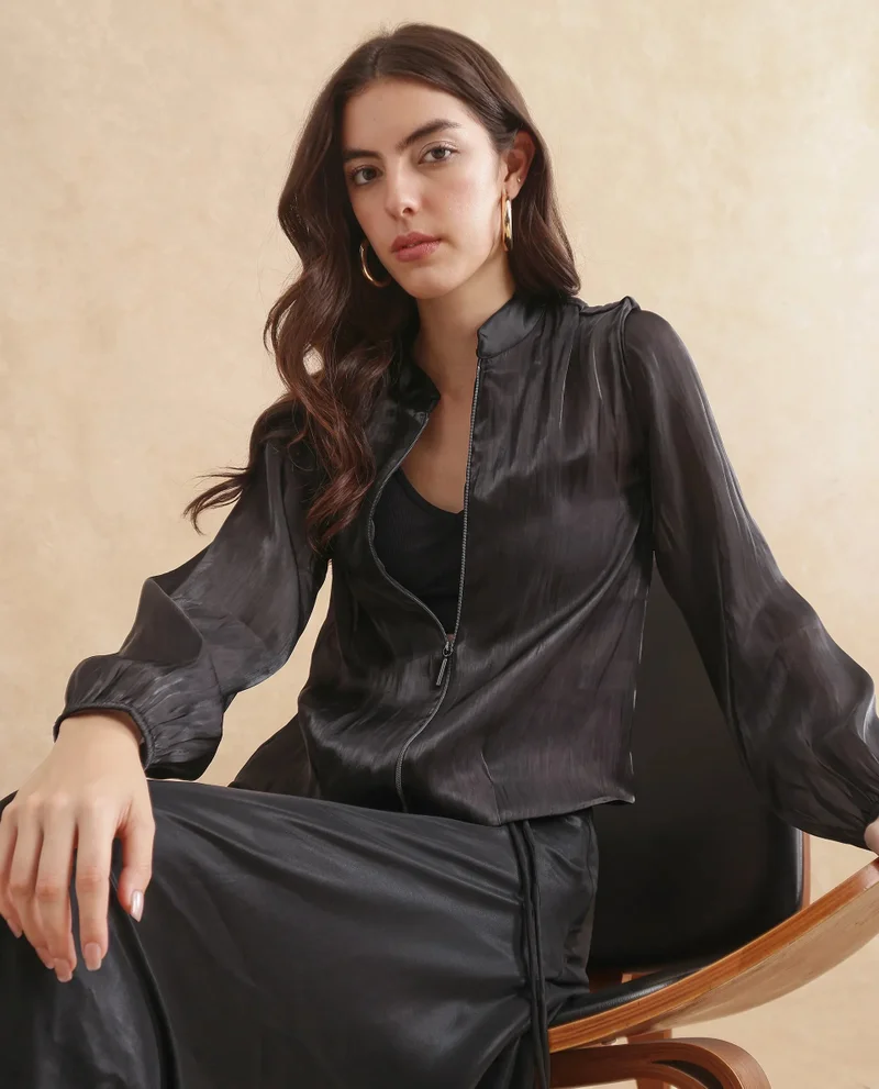 Rareism Rareism Women Wals Black Mandarin Collar Zipper Closure Regular Fit Plain Jacket