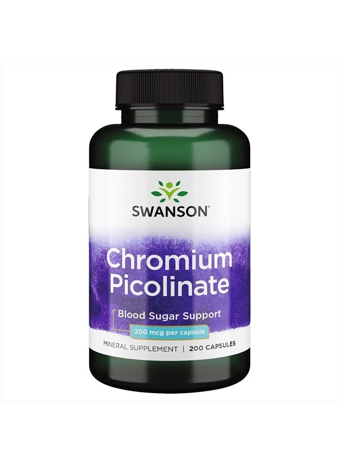 SWANSON كروم بيكولينات - مكمل طبيعي يعزز الأيض وإدارة الوزن - يدعم مستويات السكر في الدم الصحية ضمن النطاق الطبيعي - (200 كبسولة، 200 ميكروغرام لكل منها) - Image 1