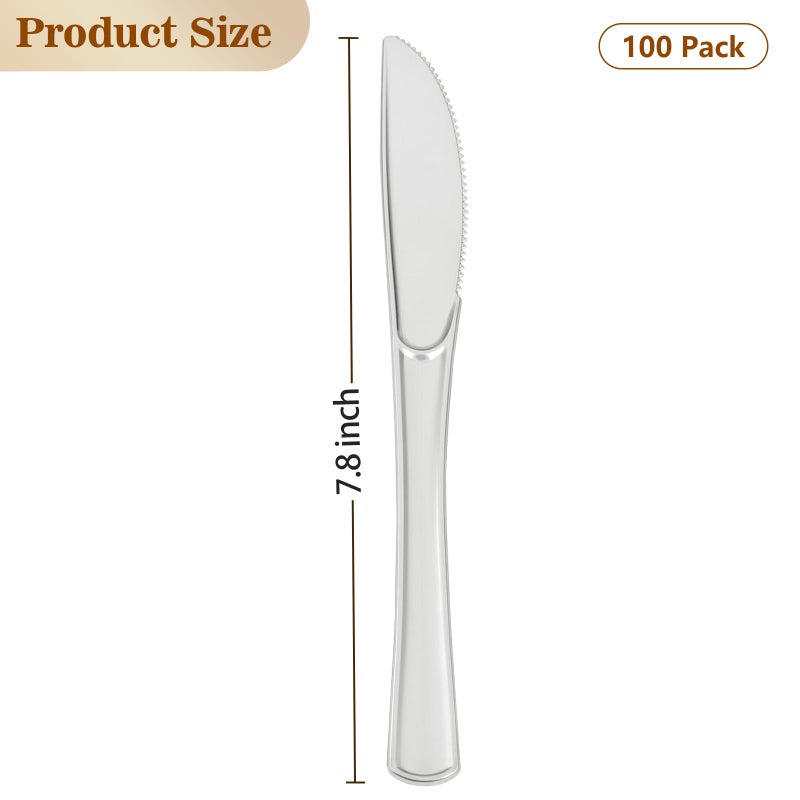 BESTVIP BESTVIP 100 Count Silver Plastic Knives  Solid and Durable Plastic Knives Disposable  Heavy Duty Plastic Knives Look Like Real Cutlery  Utensils Perfect for Parties  Weddings and other Special Occasions  - Image 1