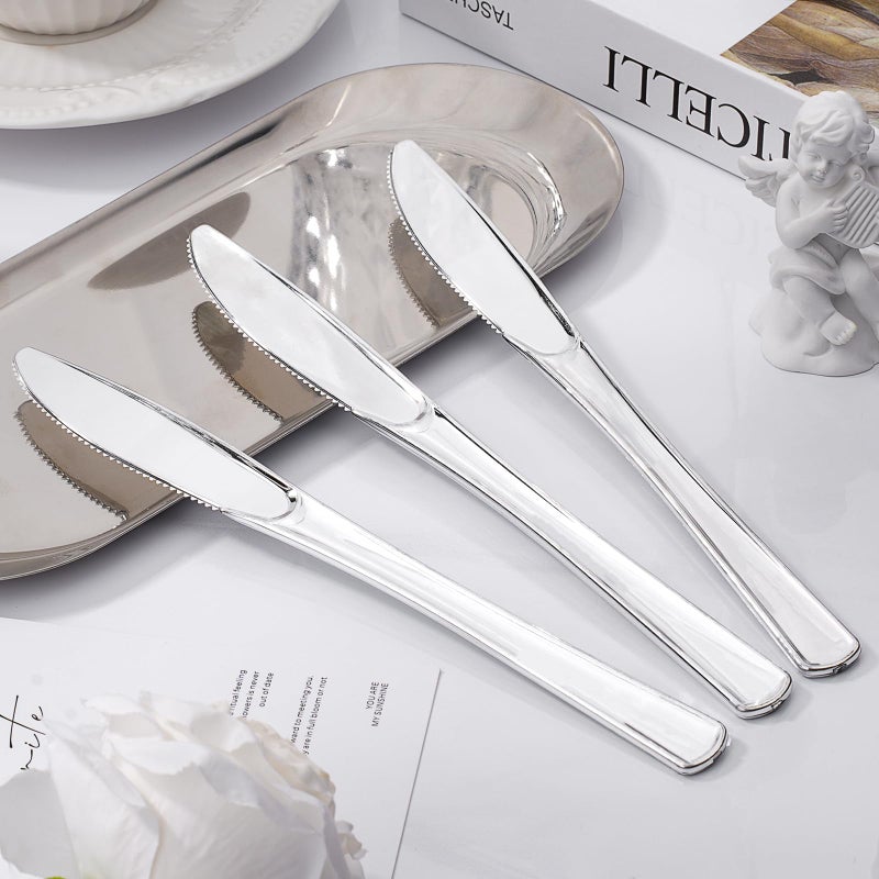 BESTVIP BESTVIP 100 Count Silver Plastic Knives  Solid and Durable Plastic Knives Disposable  Heavy Duty Plastic Knives Look Like Real Cutlery  Utensils Perfect for Parties  Weddings and other Special Occasions  - Image 4