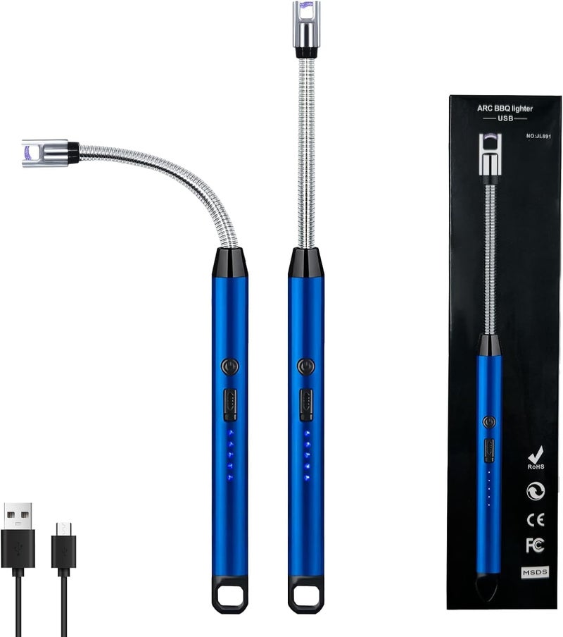 ولاعة كهربائية قابلة لإعادة الشحن مع رقبة مرنة | ولاعة شموع USB بدون لهب مع قفل أمان ومؤشر بطارية LED | مقاومة للرياح للمطبخ والشواء والتخييم وإضاءة الشموع (أزرق) - Image 3