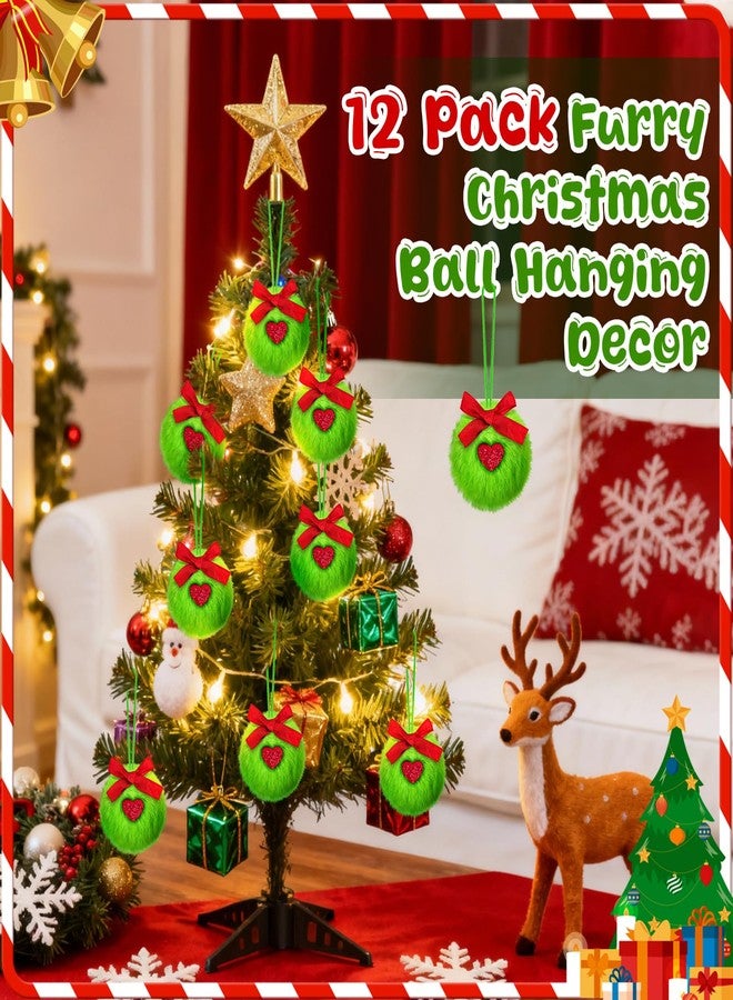 Hysagtek 12 Pcs Lime Green Furry Christmas Ball Ornaments with Red Bow Xmas Furry Elf Faux Fur Pom Pom Ball Hanging Ornaments for Xmas Tree Party Supplies Fireplace Wall Decor Keychain Pendant - Image 3