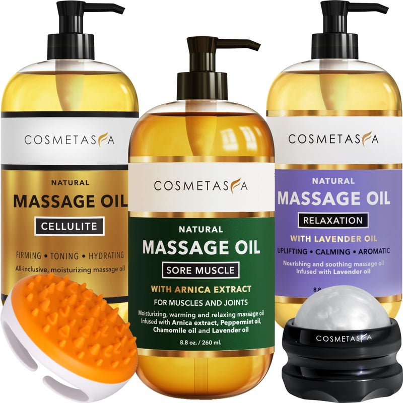 Cosmetasa Body Massage Oil for Massage Therapy Kit Arnica Sore Muscle Massage Oil Cellulite Massage Oil Lavender Massage Oil Skin Massage Roller Ball Massager Mitt Relaxing Luxury Spa Gift Set