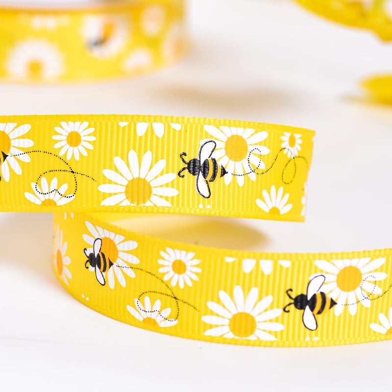 YAMA Bee Grosgrain Ribbon with Bumble Bee Daisy Flower Print Yellow Teacher Ribbon for Crafts Gift Wrapping Hair Bows Party Decoration, 5/8 Inch x 10 Yard - Image 3