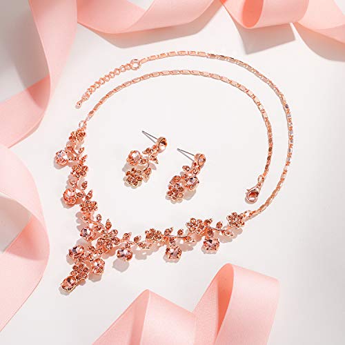 EVER FAITH Bridal Jewelry Sets for Wedding Crystal Flower Leaf Bride Necklace Earrings Set Peach Rose Gold-Tone - Image 4