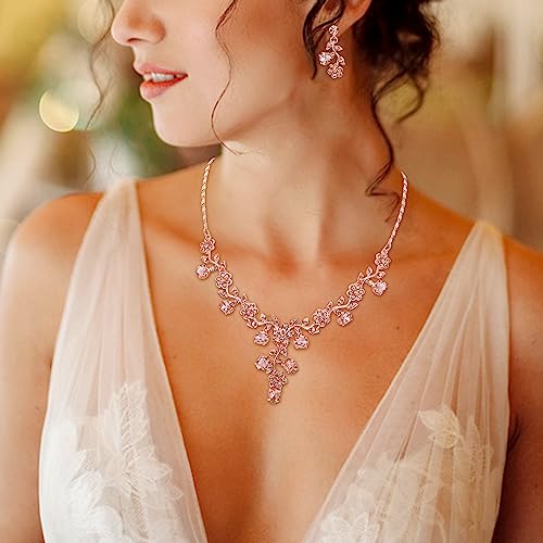 EVER FAITH Bridal Jewelry Sets for Wedding Crystal Flower Leaf Bride Necklace Earrings Set Peach Rose Gold-Tone - Image 2
