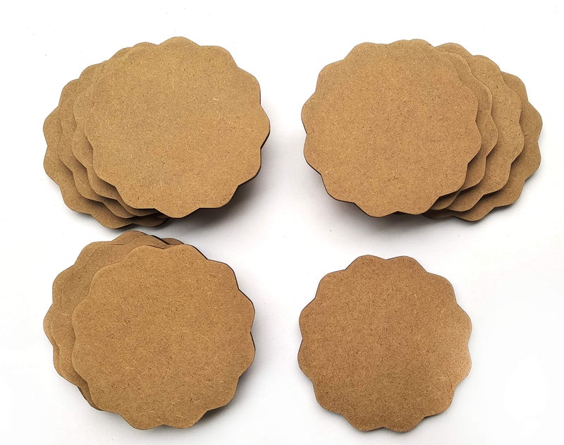 IVEI DIY MDF Circle and Scallop Shaped Coasters - (Set of 12)- for Craft/Activity/Decoupage/Painting/Resin Work (Scallop Shaped) - Image 1