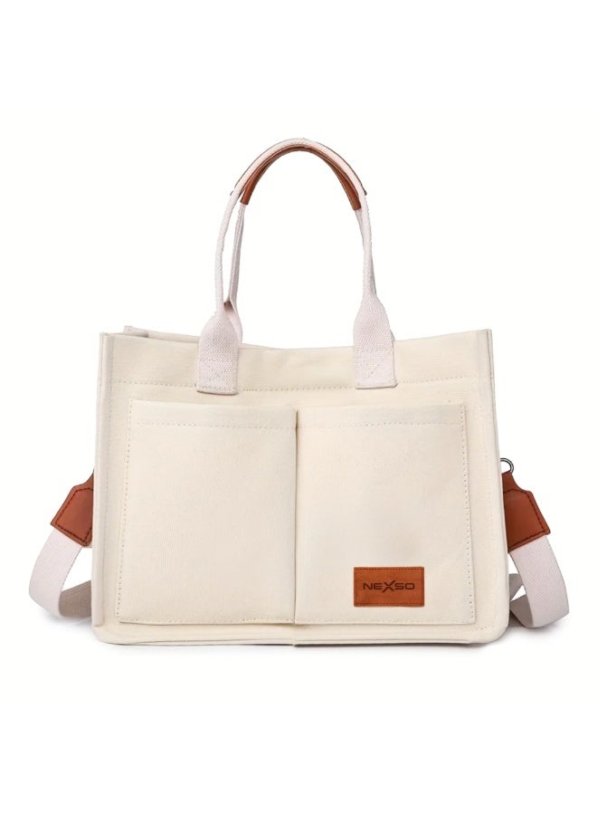 Nexso Women’s Premium Canvas Handbag | Stylish Beige Tote Bag with PU Leather Handles, 3 Functional Pockets & Polyester Lining for Office, Travel & Daily Use - Image 1