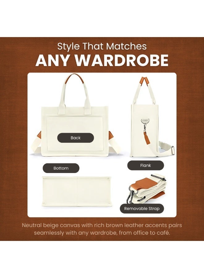 Nexso Women’s Premium Canvas Handbag | Stylish Beige Tote Bag with PU Leather Handles, 3 Functional Pockets & Polyester Lining for Office, Travel & Daily Use - Image 4