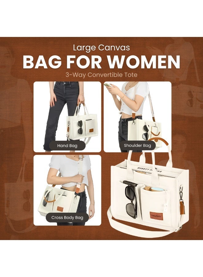 Nexso Women’s Premium Canvas Handbag | Stylish Beige Tote Bag with PU Leather Handles, 3 Functional Pockets & Polyester Lining for Office, Travel & Daily Use - Image 5
