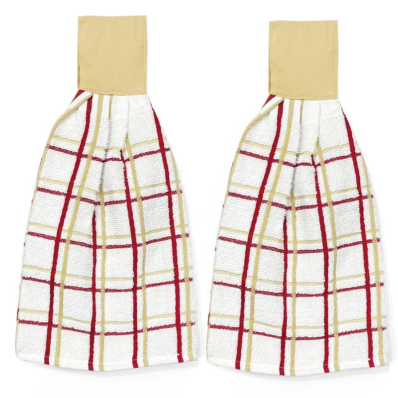 KOVOT Kovot Set of 2 Cotton Hanging Tie Towels | Include (2) Hanging Towels That Latch with Hook & Loop (Plaid Tan & Red) - Image 1