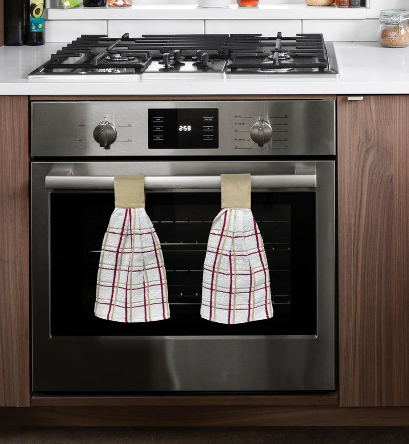 KOVOT Kovot Set of 2 Cotton Hanging Tie Towels | Include (2) Hanging Towels That Latch with Hook & Loop (Plaid Tan & Red) - Image 2