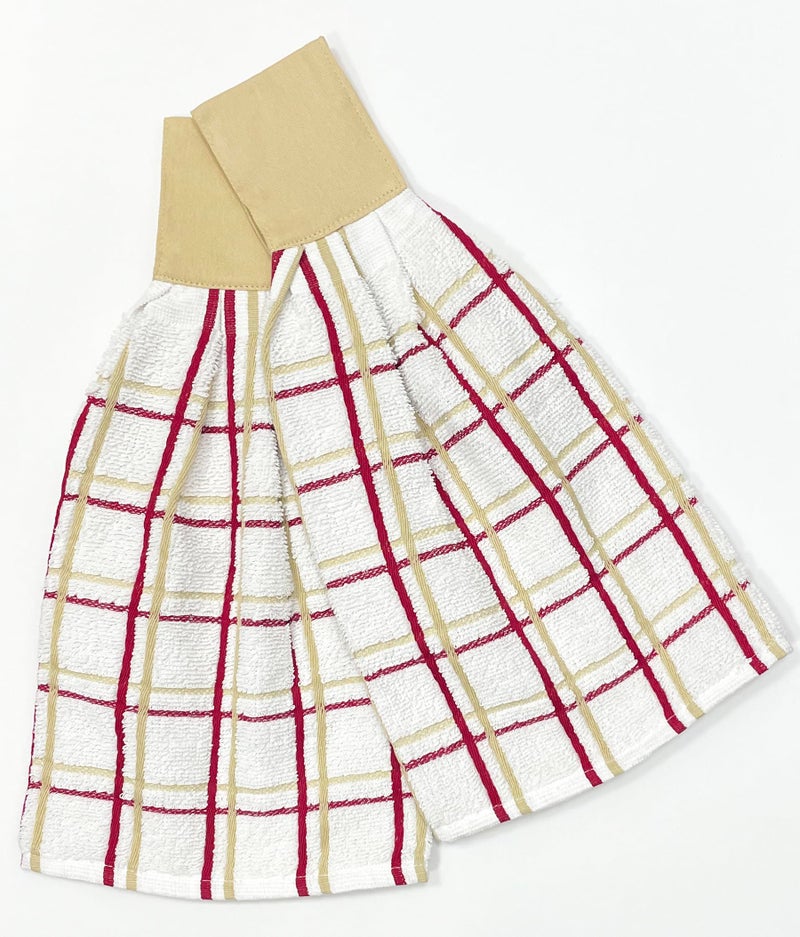 KOVOT Kovot Set of 2 Cotton Hanging Tie Towels | Include (2) Hanging Towels That Latch with Hook & Loop (Plaid Tan & Red) - Image 3