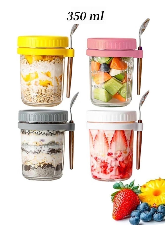 4 Pack 350ml Glass Jars, Overnight Oats Containers with Lids and Spoons, Food Storage Containers with Measurement Marks for Milk, Cereal, Fruit - Image 1