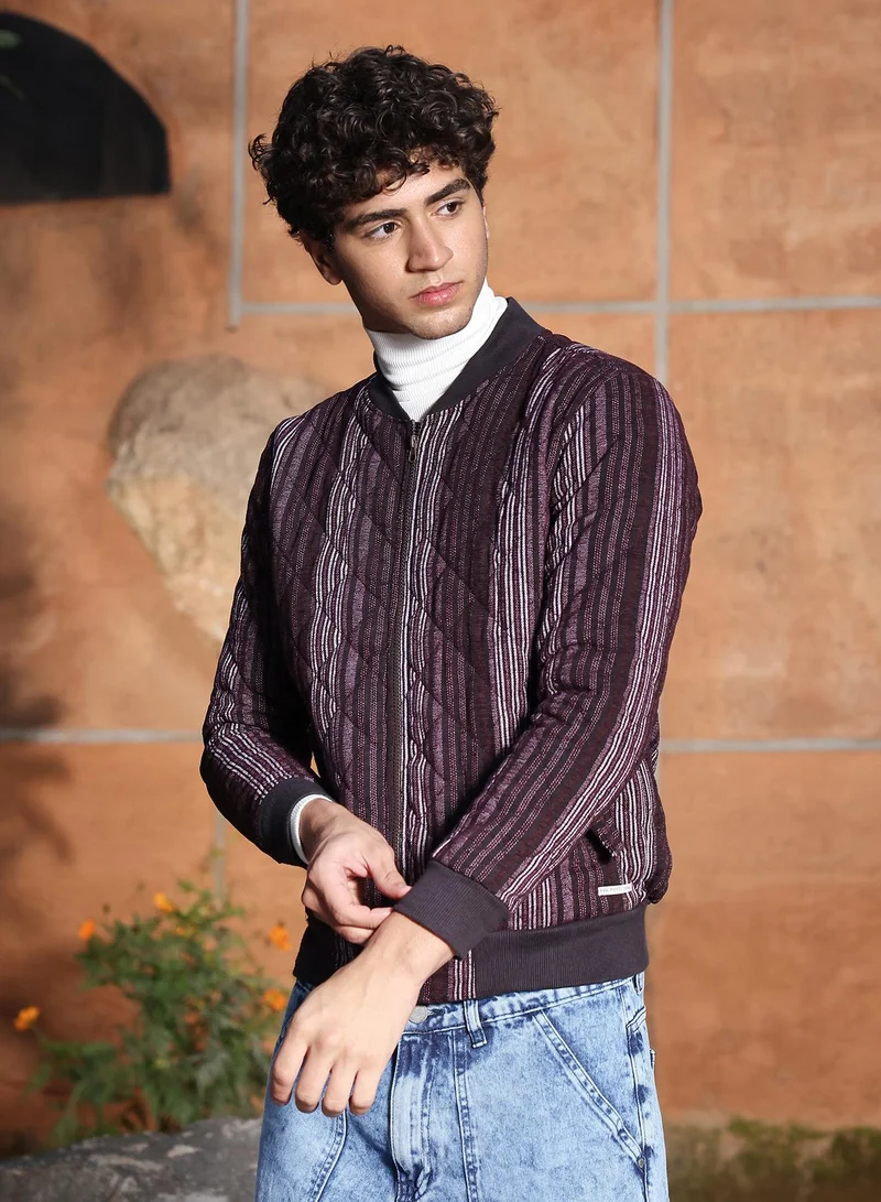 Campus Sutra Campus Sutra Men's Burgundy Red Striped Quilted Bomber Jacket | Baseball Collar , Ribbed Cuff Sleeves , Zipper Closure , Ribbed-Straight Hem | Stripes Quilted For Casual & Daily Wear