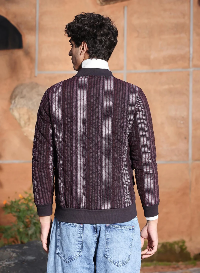 Campus Sutra Campus Sutra Men's Burgundy Red Striped Quilted Bomber Jacket | Baseball Collar , Ribbed Cuff Sleeves , Zipper Closure , Ribbed-Straight Hem | Stripes Quilted For Casual & Daily Wear