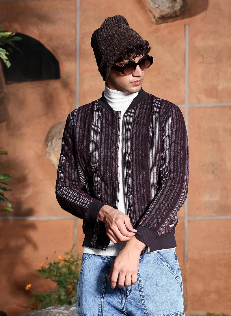 Campus Sutra Campus Sutra Men's Burgundy Red Striped Quilted Bomber Jacket | Baseball Collar , Ribbed Cuff Sleeves , Zipper Closure , Ribbed-Straight Hem | Stripes Quilted For Casual & Daily Wear