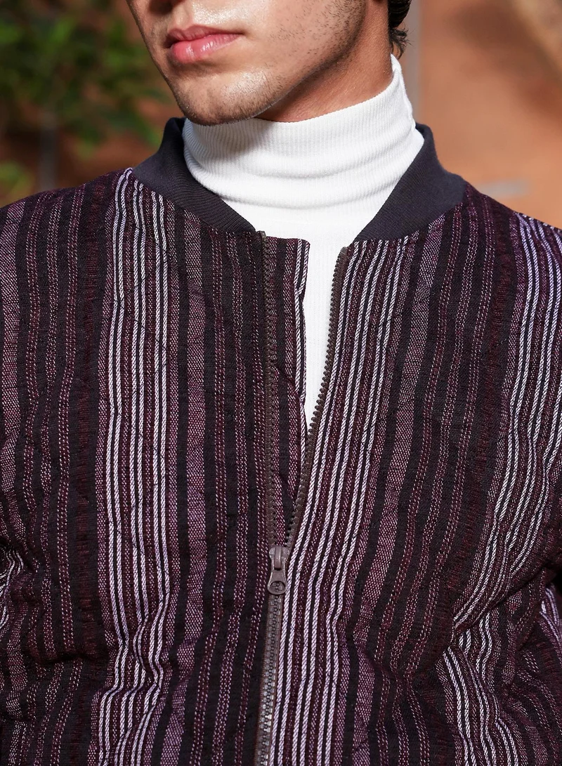Campus Sutra Campus Sutra Men's Burgundy Red Striped Quilted Bomber Jacket | Baseball Collar , Ribbed Cuff Sleeves , Zipper Closure , Ribbed-Straight Hem | Stripes Quilted For Casual & Daily Wear