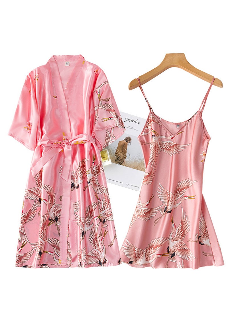 2pcs women's pajamas bathrobe imitation silk suspender crane pajamas - Image 2