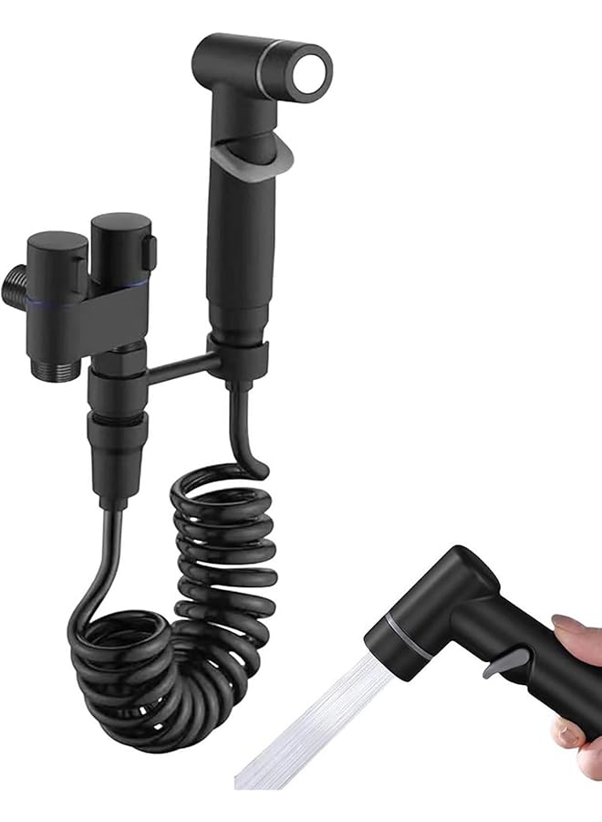 The Bros رشاش بيديت محمول للمرحاض، صمام تحكم مزدوج 1 في 2، مجموعة رشاش مرحاض مصغرة لغسل المؤخرة، ملحق دش يدوي للغسالة والمرحاض (أسود) - Image 1