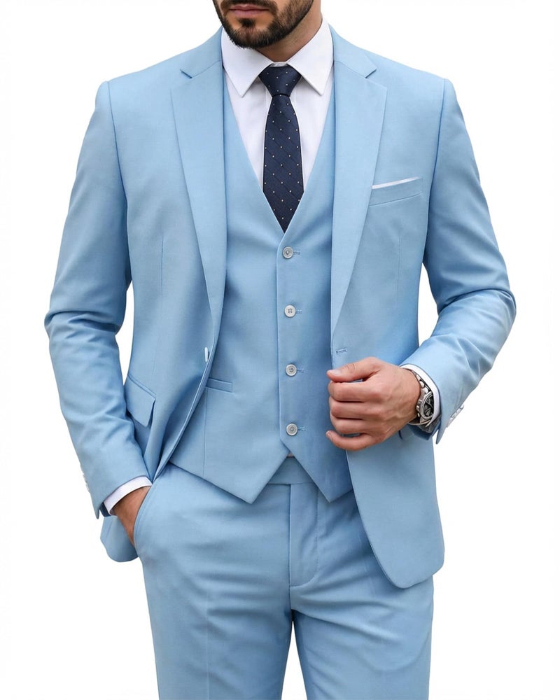 MYS MY'S Men's 3 Piece Suit Set with Tie, One Button Slim Fit Solid Jacket Vest Pants, Prom Party Wedding Business Suits for Men, Sky Medium - Image 1
