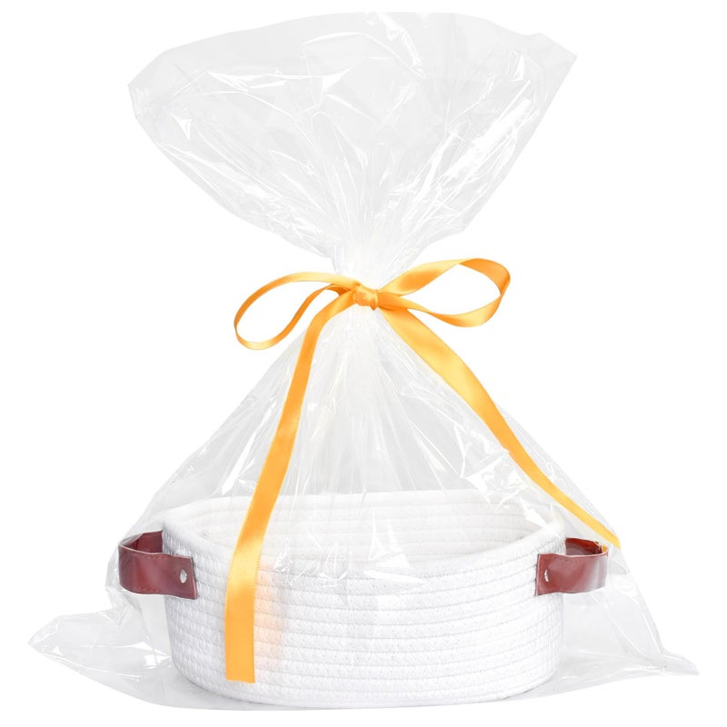 ABenkle Small Woven Basket, Mini Cotton Rope Storage Tiny Shelf Oval Decorative Toy Dog Cat Bin for Nursery, Empty Gift Basket with Gift Bags and Ribbon - White - Image 1