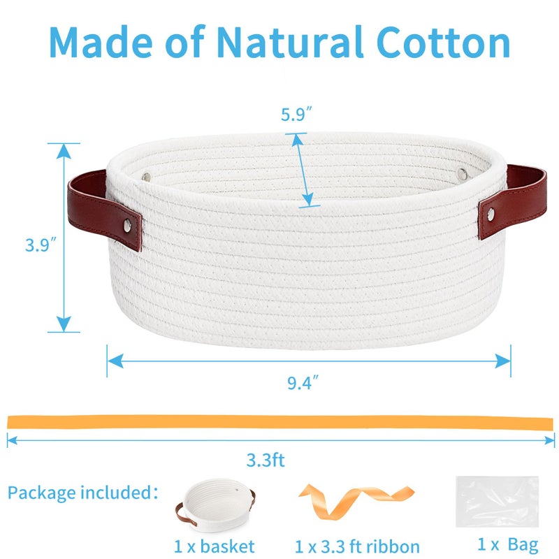 ABenkle Small Woven Basket, Mini Cotton Rope Storage Tiny Shelf Oval Decorative Toy Dog Cat Bin for Nursery, Empty Gift Basket with Gift Bags and Ribbon - White - Image 2