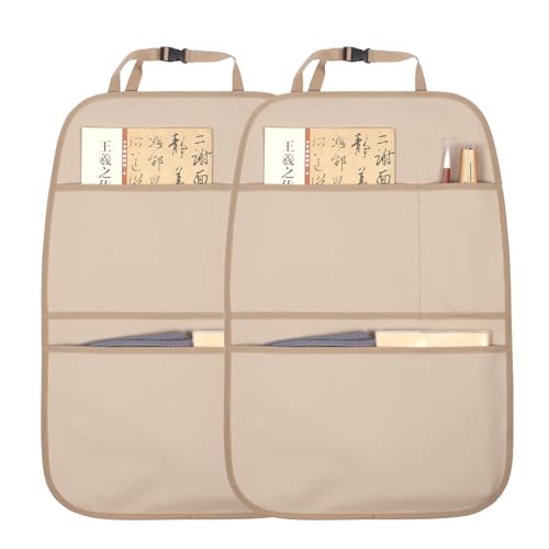 pefirst Kick Mat Back Seat Protector Waterproof Leather Car Seat Back Organizers Cover with 3 Storage Pockets for Kids Pets SUV Sedan Minivan Truck Car Travel Accessories Beige 2Pack