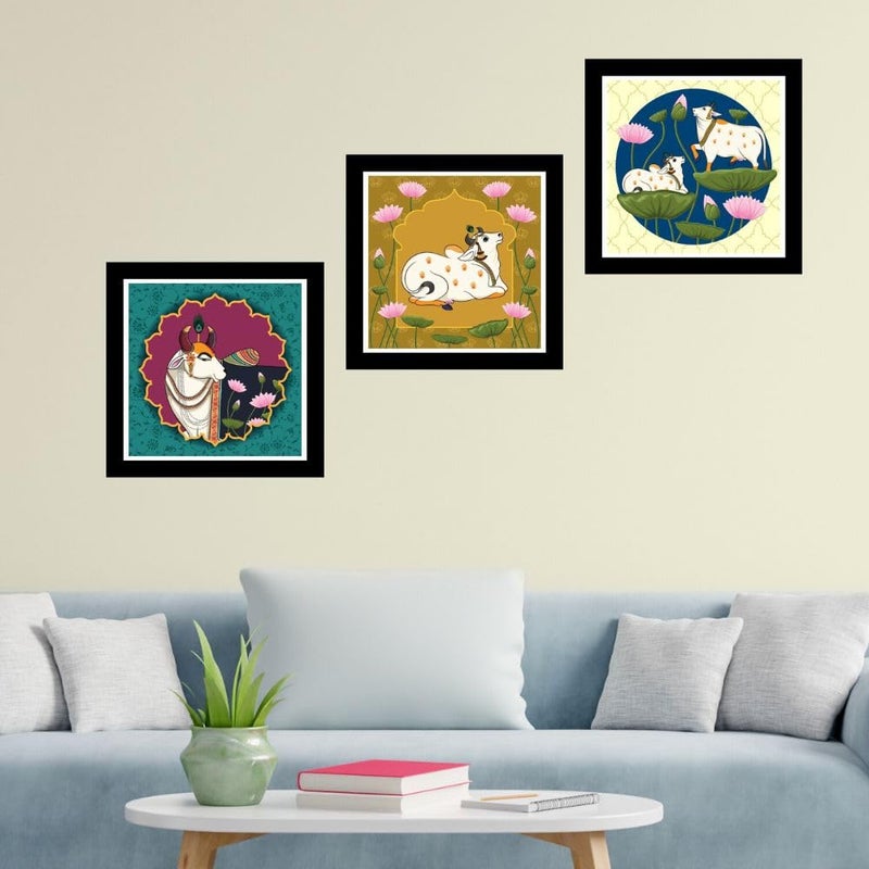 DEKORSTATION Cow Vastu Frame Art PrintPainting for Wall DecorationAnimal Painting for Living RoomPainting for Home and Office Dcor Set of 3 - Image 1