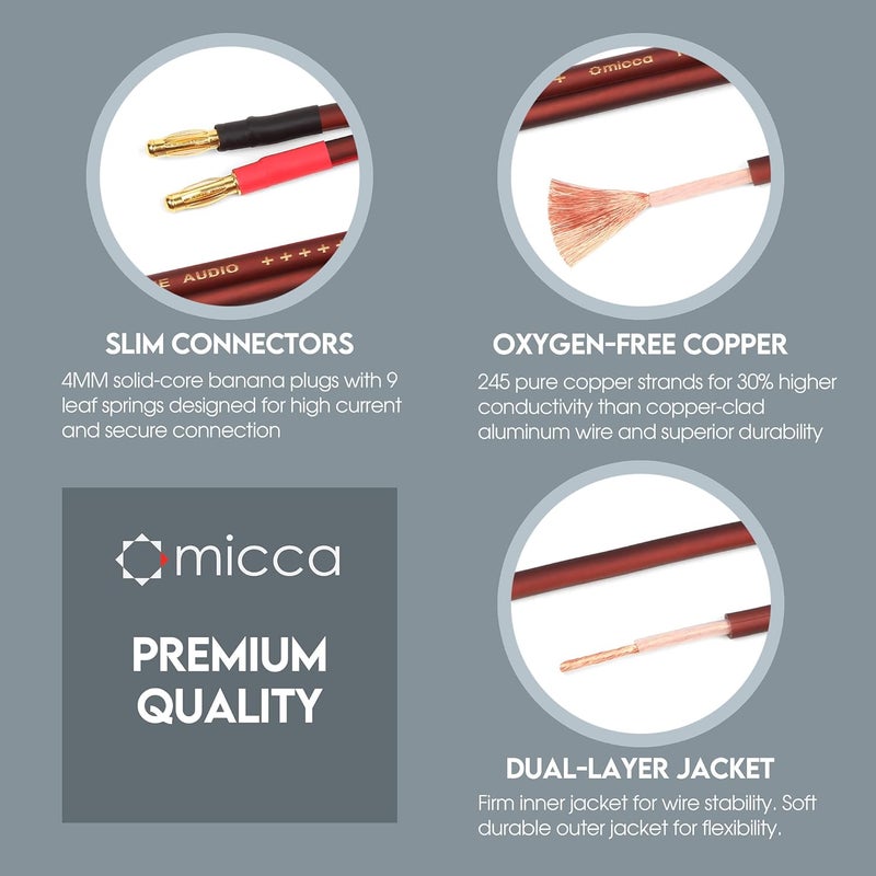 Micca 14 Gauge Pure Copper Speaker Wire, 6 Feet 2 Pack, Gold Plated Banana Plugs, Soldered Construction, Slim Design, 245 Strands, for Stereo or Home Theater, 2 Meters Pair - Image 3