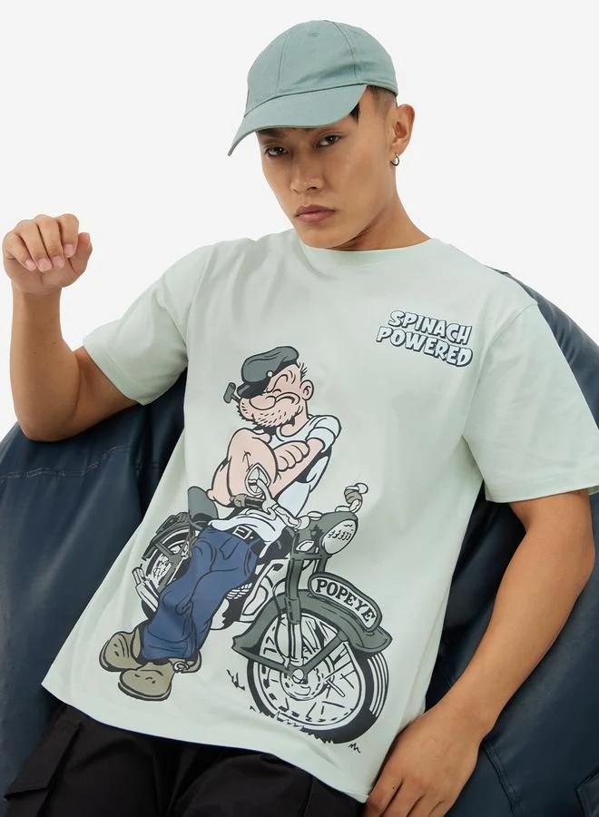 The Souled Store Men Green Popeye Graphic Relaxed Fit T-Shirt