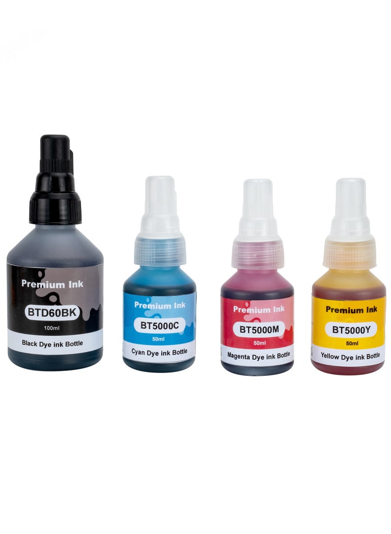 Premium Brother compatible ink Set 4 Colors BT6000 BT5000 Refill Ink for Brother Inkjet Printer DCP-T300 DCP T300 T500W T700W MFC-T800W MFC T800W Black 100ML Cyan Yellow Magenta 50ML. - Image 1