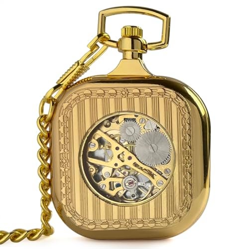 VIGOROSO Mens Gold Roman NO. Pocket Watch with Chain Skeleton Hand Wind Up Mechanical Pocket Watches for Men & Women - Image 2