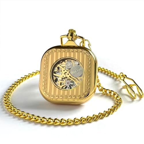 VIGOROSO Mens Gold Roman NO. Pocket Watch with Chain Skeleton Hand Wind Up Mechanical Pocket Watches for Men & Women - Image 5