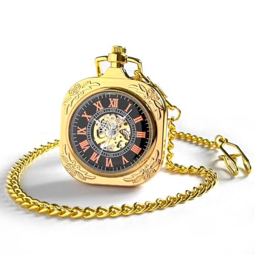 VIGOROSO Mens Gold Roman NO. Pocket Watch with Chain Skeleton Hand Wind Up Mechanical Pocket Watches for Men & Women - Image 3