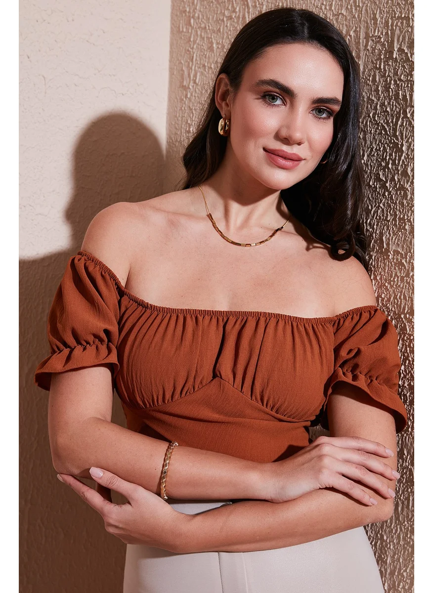 Lela Regular Fit Madonna Collar Tie Detail Crop Blouse Women's Blouse 6527017